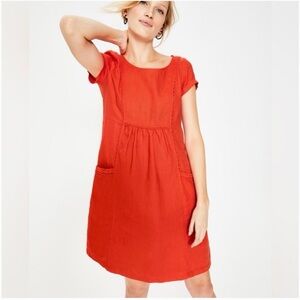 Boden Alberta red coral linen tunic dress with short sleeves front pockets 6R